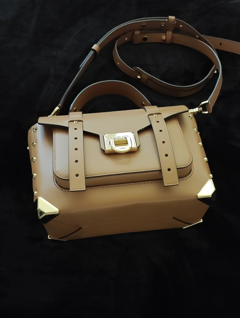 Michael Kors Carmel Colored Leather Studded Manhattan with Gold Hardware